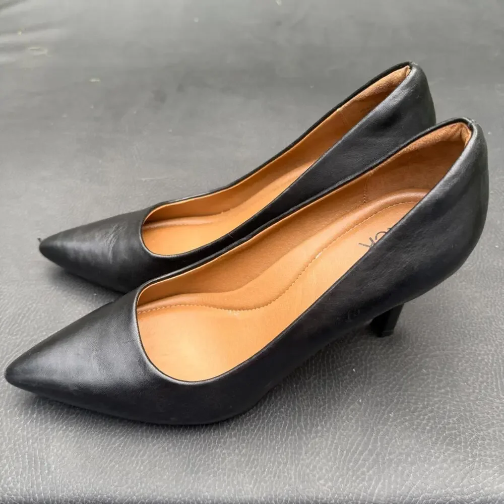 Nordstrom Rack Pumps Women 7.5 Black Pointed Toe Kitten Heel Leather Office Chic